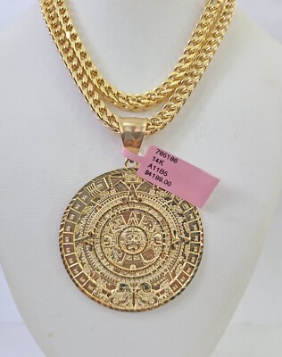 14k Yellow Gold Franco Chain Necklace Mayan Calendar Charm Pendant 4mm 22''Inch