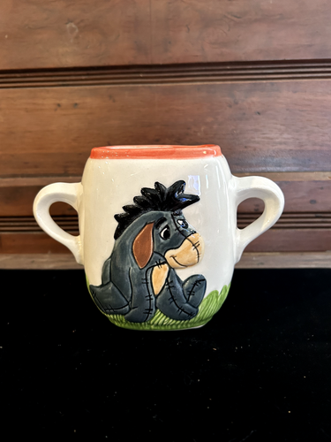 Vintage Double Handled Ceramic Vase Eyeore Hand Painted Disney Pooh Cute Decor