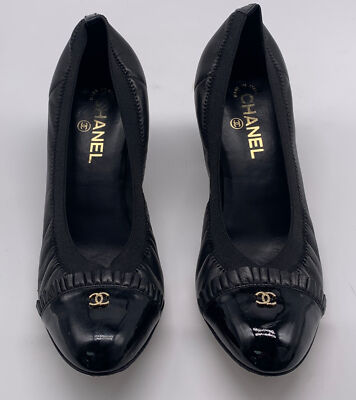 Chanel Black Escarpin10C Patent Cap Toe Block Heel Pump sz