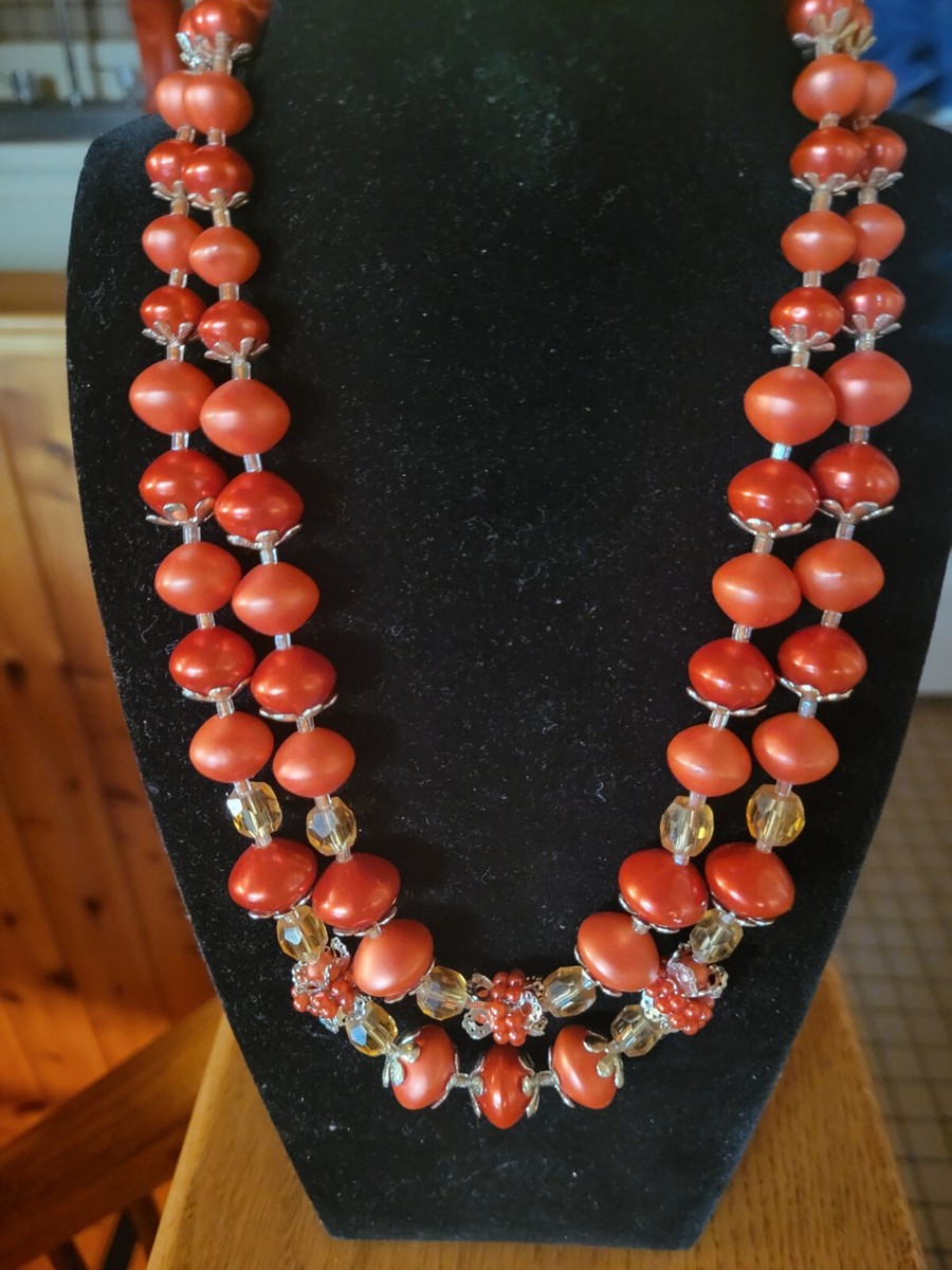 Vintage Retro JAPAN Orange Two Strand Beaded 19
