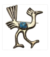Navajo Francis Jones Ithaca Peak TURQUOISE STERLING SILVER ROADRUNNER PIN