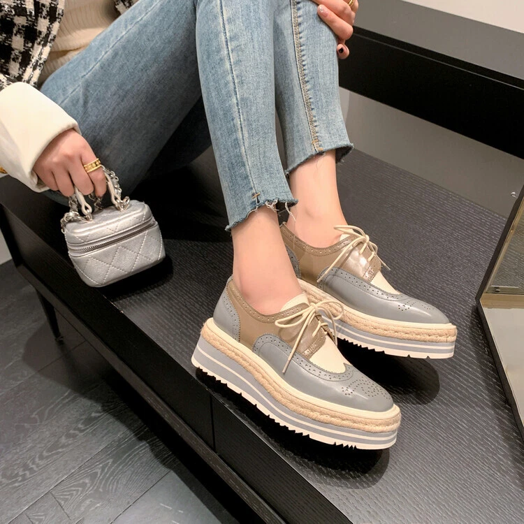 女式真皮厚底系带牛津布洛克翼尖爬行鞋别致 — 第 3/4 张图片