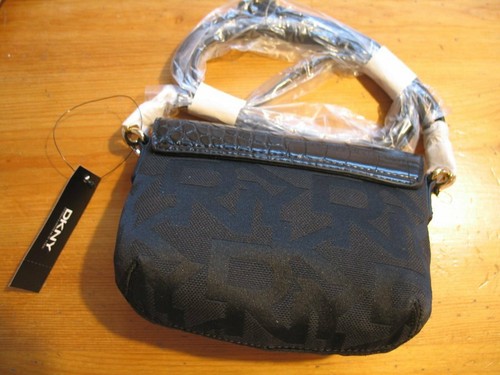 DKNY Small black canvas crossbody bag / clutch with croc pcv trim - Picture 3 of 12