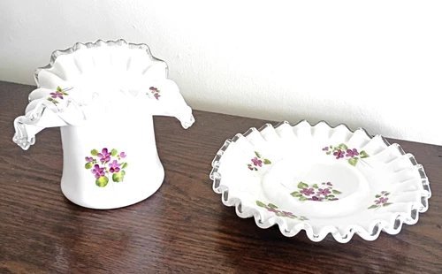 Vintage Fenton Violets in the Snow Items - Top Hat Vase and Ashtray