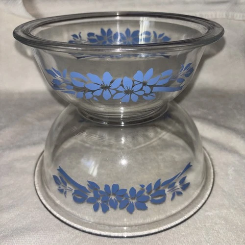 PYREX 322 1 L & 323 1.5L Blue Floral Ribbon Clear Glass Nesting Mixing Bowls 90s
