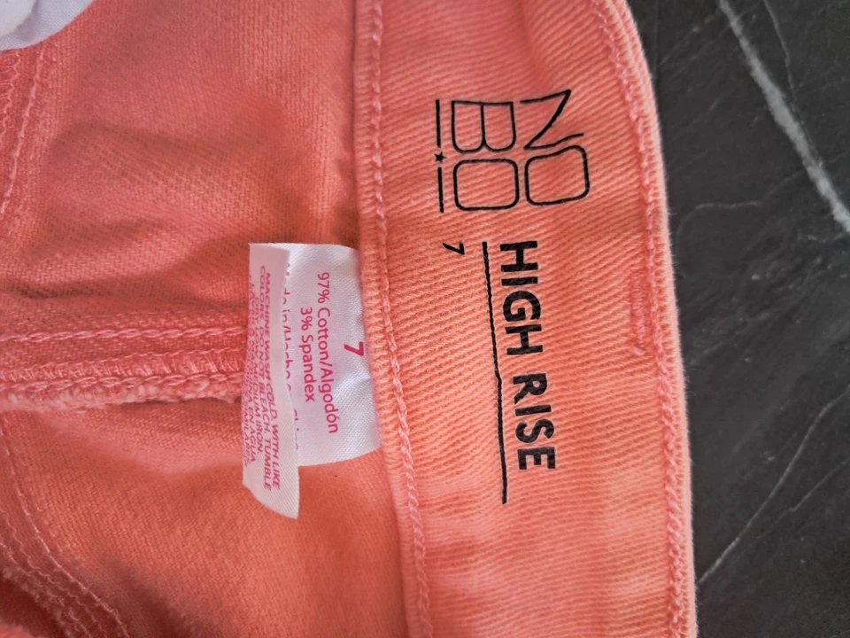 Pantalones cortos de jean de tiro alto para mujer talla 7 con tapa rosa melocotón naranja Foto 2 de 3
