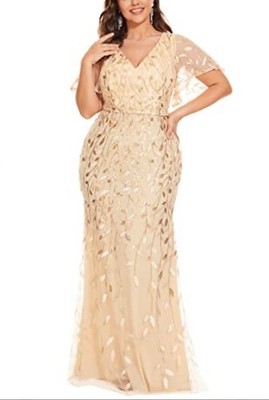 Ever Pretty Gold V-Neck Embroidered Leaf & Sequined Fishtail Party Dress Sz  24 | eBay