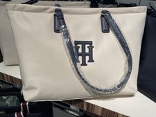 Tommy Hilfiger Logo Tote Bag Ivory Navy Gold Shoulder Strap Women