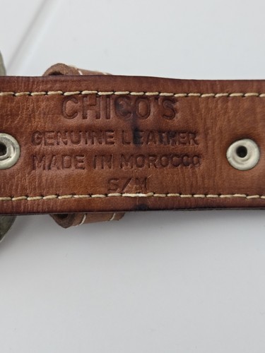 Chicos Studded Hammered Metal Heart Buckle Brown Leather Belt Sz M - Picture 5 of 10
