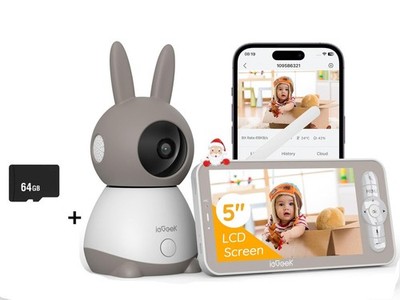 ieGeek 5'' Babyphone mit 2 Kamera 2K PTZ 355° Gefahrenbereichsalarm 3000mAh Akku
