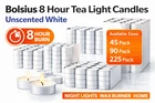 Bolsius 8 Hour Tea Light Candles White Unscented 45 90 225 Pack Night Lights