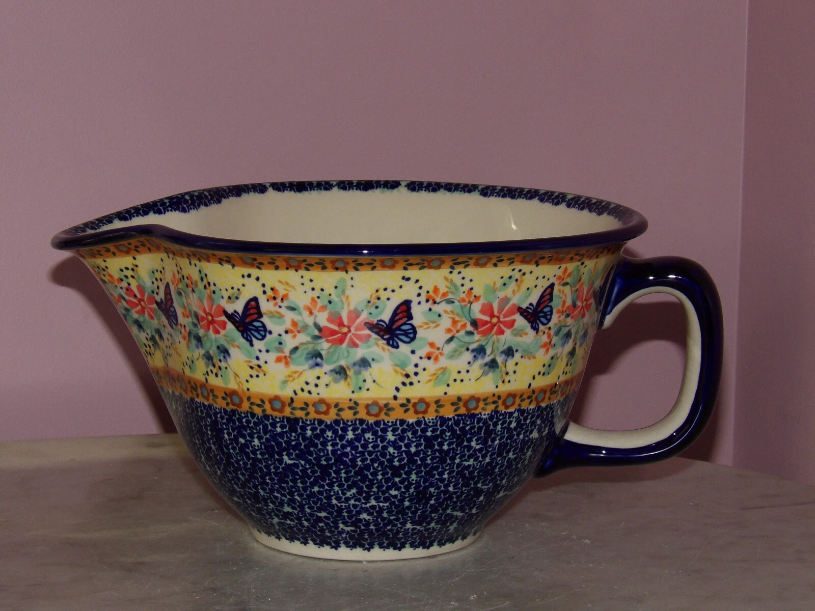 Polish Pottery Large Batter Bowl! UNIKAT Signature Butterfly Summer Pattern!