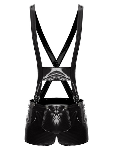 Mens Suspender Overalls Patent Leather Lingerie Bodysuit Shorts Jumpsuit Romper - Picture 19 of 41