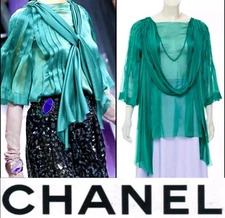 2.4K Chanel Vintage 2012 Green Tunic Top 34 36 38 2 4 6 Blouse Shirt Scarf M S