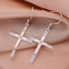 Women's Genuine 925 Sterling Silver Cross Crystal Dangle Earrings 45 19mm Y679