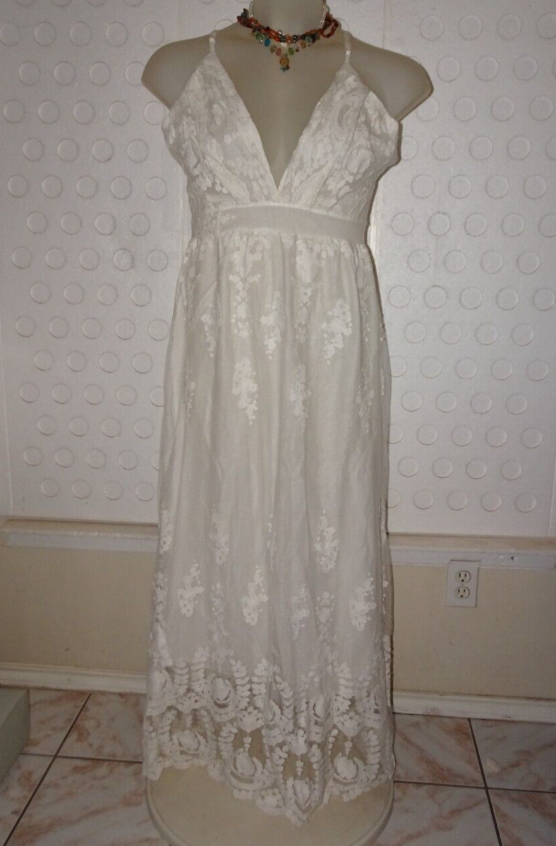 Maxi Dress Deep Plunge Cream Embroidered Lace Gauze Criss Cross Back Beach M * | eBay Maxi Dress Deep Plunge Cream Embroidered Lace Gauze Criss Cross Back Beach M * | eBay