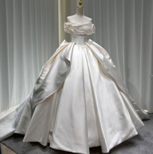 Elegant Off Shoulder Wedding Dresses Satin with Beaded Court Train Bridal Gowns