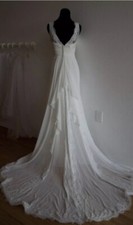 Galina Signature Ivory V-Neck Empire Waist Cathedral Train Wedding Gown 12 1500