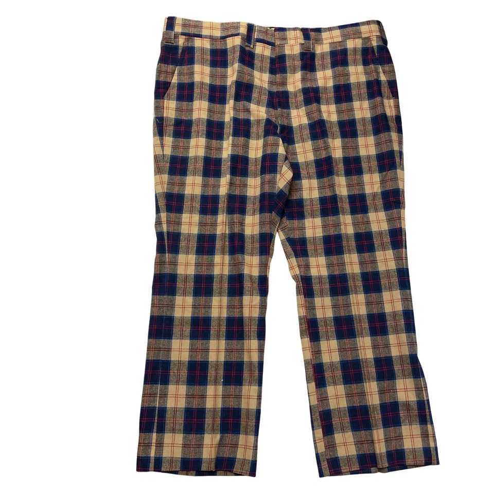 Pantalones de Colección Años 70 George Deans Azul Tostado Rojo Cuadros Tartán Pantalones Lana BONDOS CAMPANA Foto 2 de 4