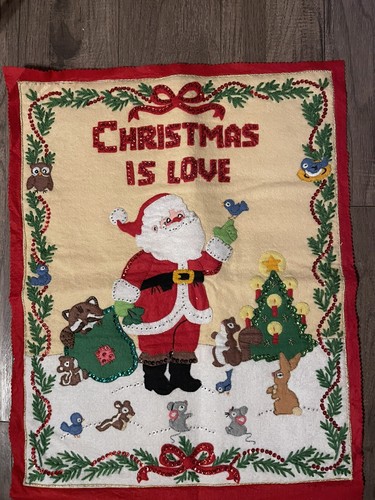Vintage Bucilla Santa CHRISTMAS IS LOVE Handmade Wall Hanging Woodland Animals - Picture 9 of 11