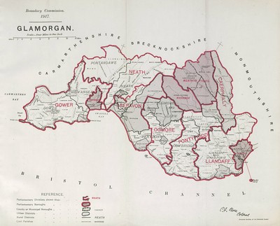 Glamorgan Parliamentary County. Wales. GRENZKOMMISSION. Schließen 1917 alte Karte