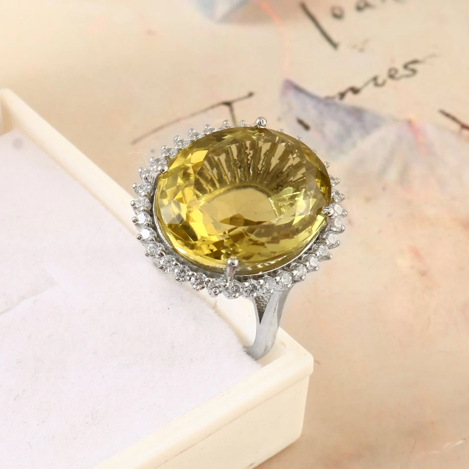 Beautiful Large Lemon Quartz & CZ Gemstone Ring in 925 Sterling Silver For Women - Image 3 of 3