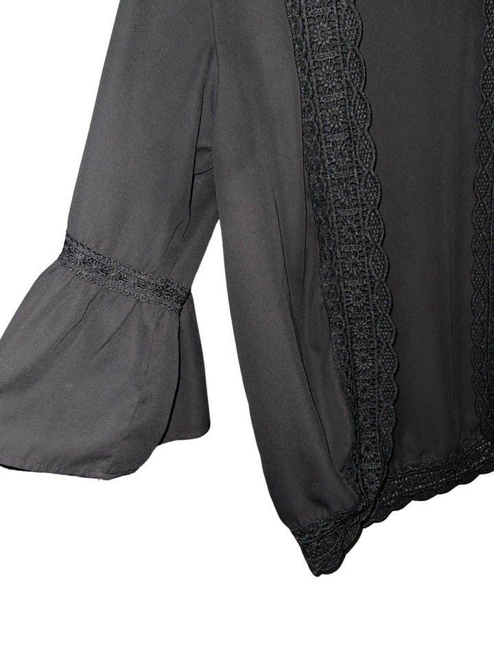 Bathing Suit Cover Up Boho Lace Bell Sleeve Woven Trim Black Size Small