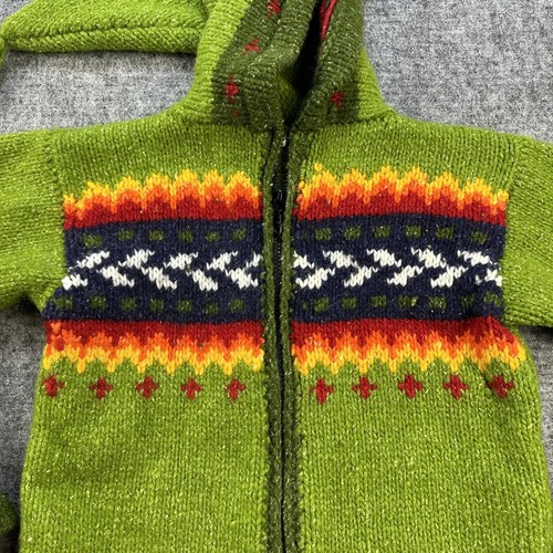 100% Alpaca Wool Sweater Child 8 Green Hood Full Zip Inti Haymi Artesans Coop - Picture 2 of 13