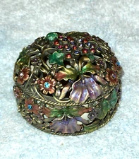 Royal Gem Brass Enamel Bejeweled Flowers 2" Hinged Trinket Box