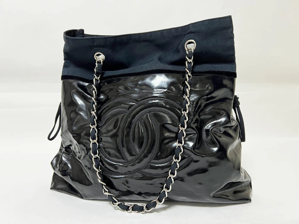Chanel Black Patent Leather Bonbon Tote with Chain Strap