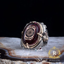 Seal of Solomon,Red Amber,Relief Wolf:925 Sterling Silver Mens Ring,Talisman