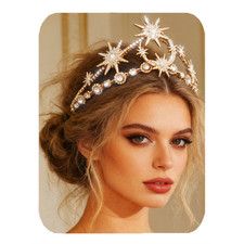 Star Moon Crown Gold Rhinestone Tiara Crown Celestial Hair Accessory for Women