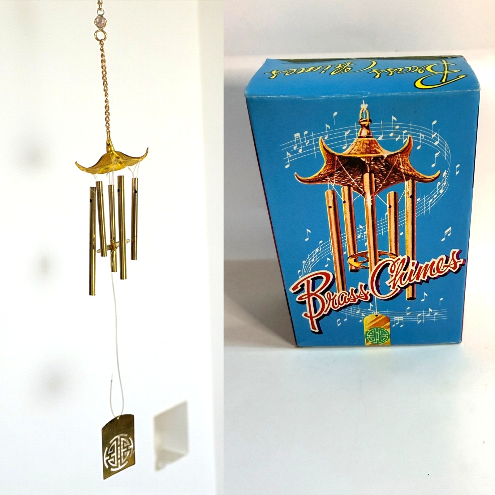 Vintage Brass Wind Chimes Pagoda Style Hong Kong Deadstock Boxed Hanging Decor