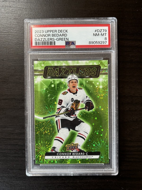 Connor Bedard 2023-24 Upper Deck Rookie Dazzlers Green Holo PSA 8 RC #DZ-79