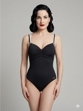 Vintage Black Swimsuit w/ Ruching at Chest - 14, made in Italy     