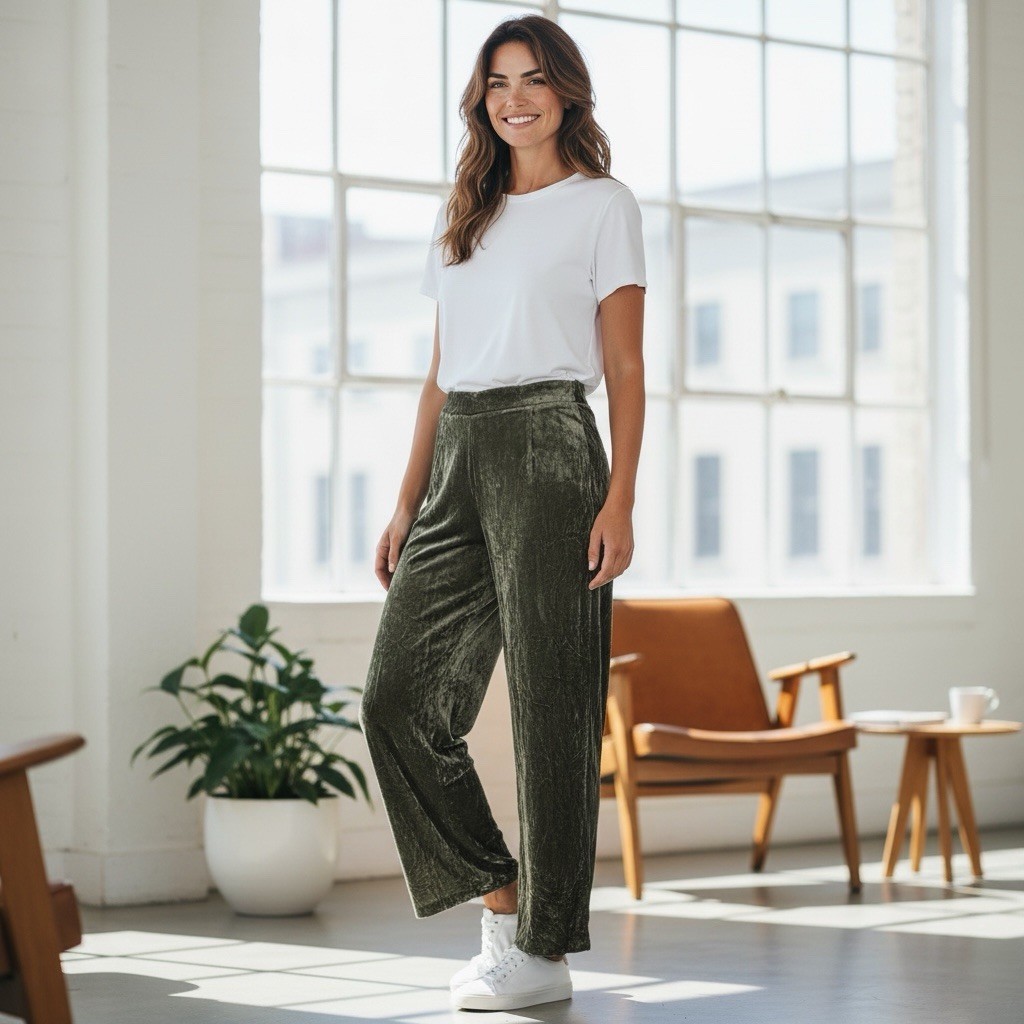 Vintage Worlds Apart Olive Green Crushed  Velvet Wide Leg Pants Boho Classic View 2