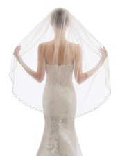 Womens 1 Tier Fingertip Length Pearl Wedding Bridal Veil With Comb X01 Soft