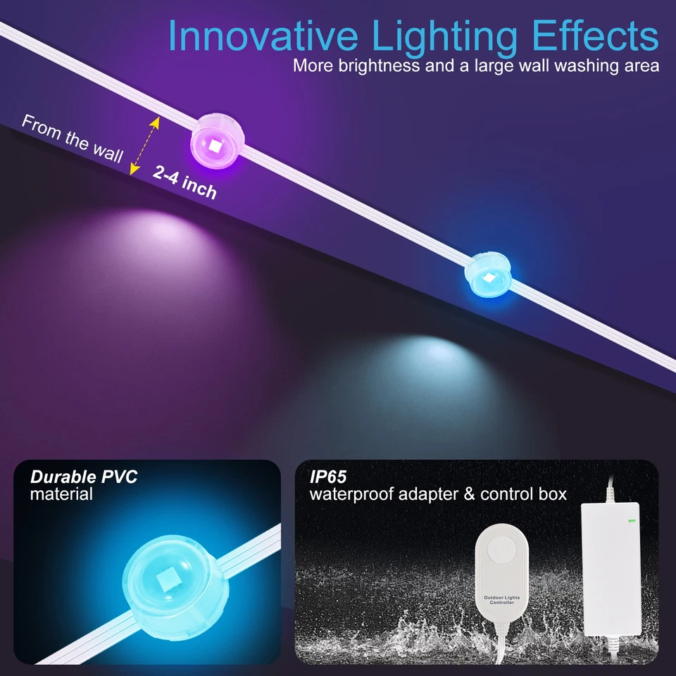 Luces permanentes aleros exteriores inteligentes RGBIC 72 LED 100 pies control remoto Foto 2 de 4