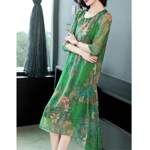 Women Chiffon Print Midi Dress Half Sleeves Casual Loose A-line Retro Ethnic - Picture 12 of 22
