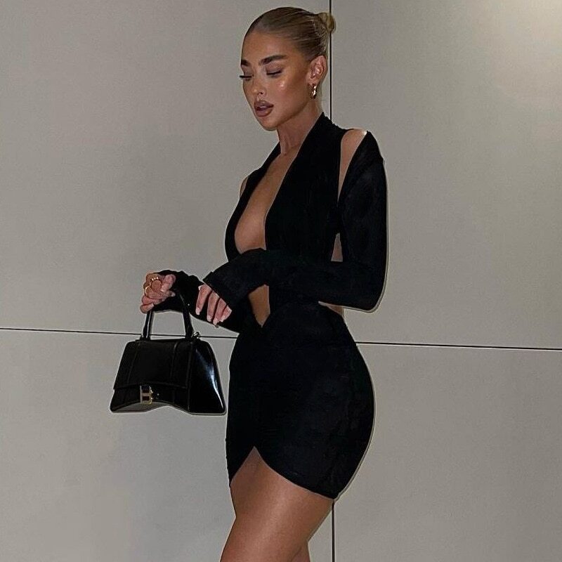Women Tight Dress Sexy Black Short Dresses Long Sleeve Backless Cut Out  Dress | eBay