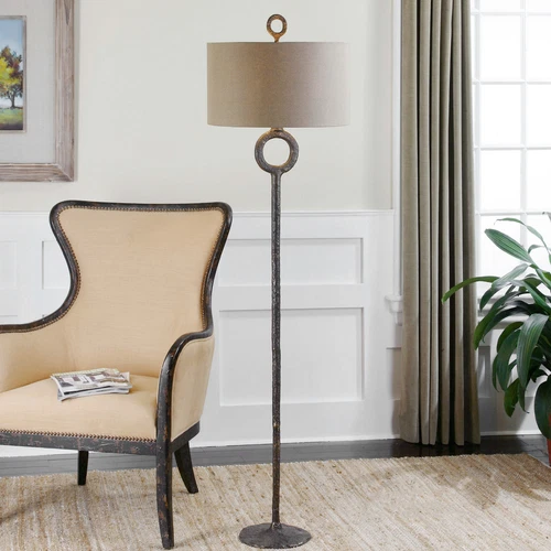 Rustic Hammered Cast Iron Textured Ring Floor Lamp 66 in Minimalist Bronze Metal - Picture 4 of 4