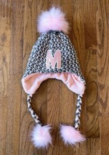 Justice Girls "M" Glitter Initial Fleece-Lined Pom-Pom Winter Hat, Pink  Gray