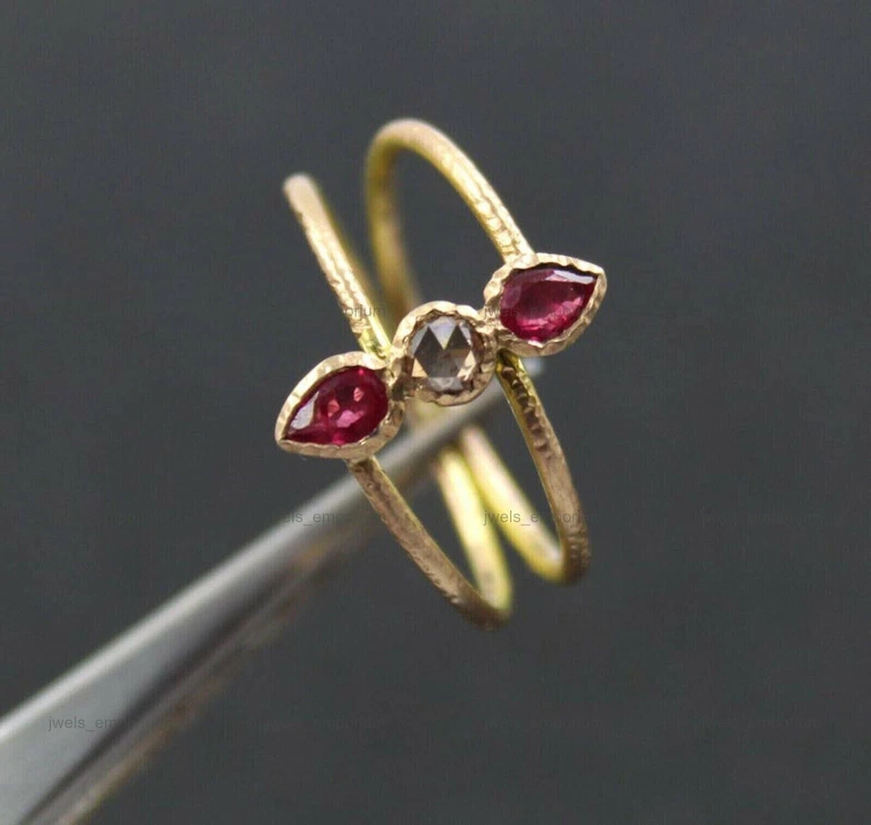 Anillo de diamantes Polki anillo de piedras preciosas de rubí anillo apilable de 3 piedras anillo de plata 925 Foto 3 de 4
