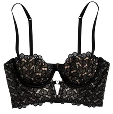 Victoria's Secret 34DD CORSET TOP BRA Luxe Embroider Heart BLACK BEIGE VERY SEXY