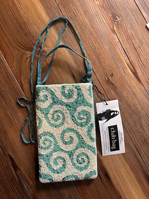 Bamboo Trading Company Beaded Club Bag Teal Cream Swirling Waves Beach Ocean