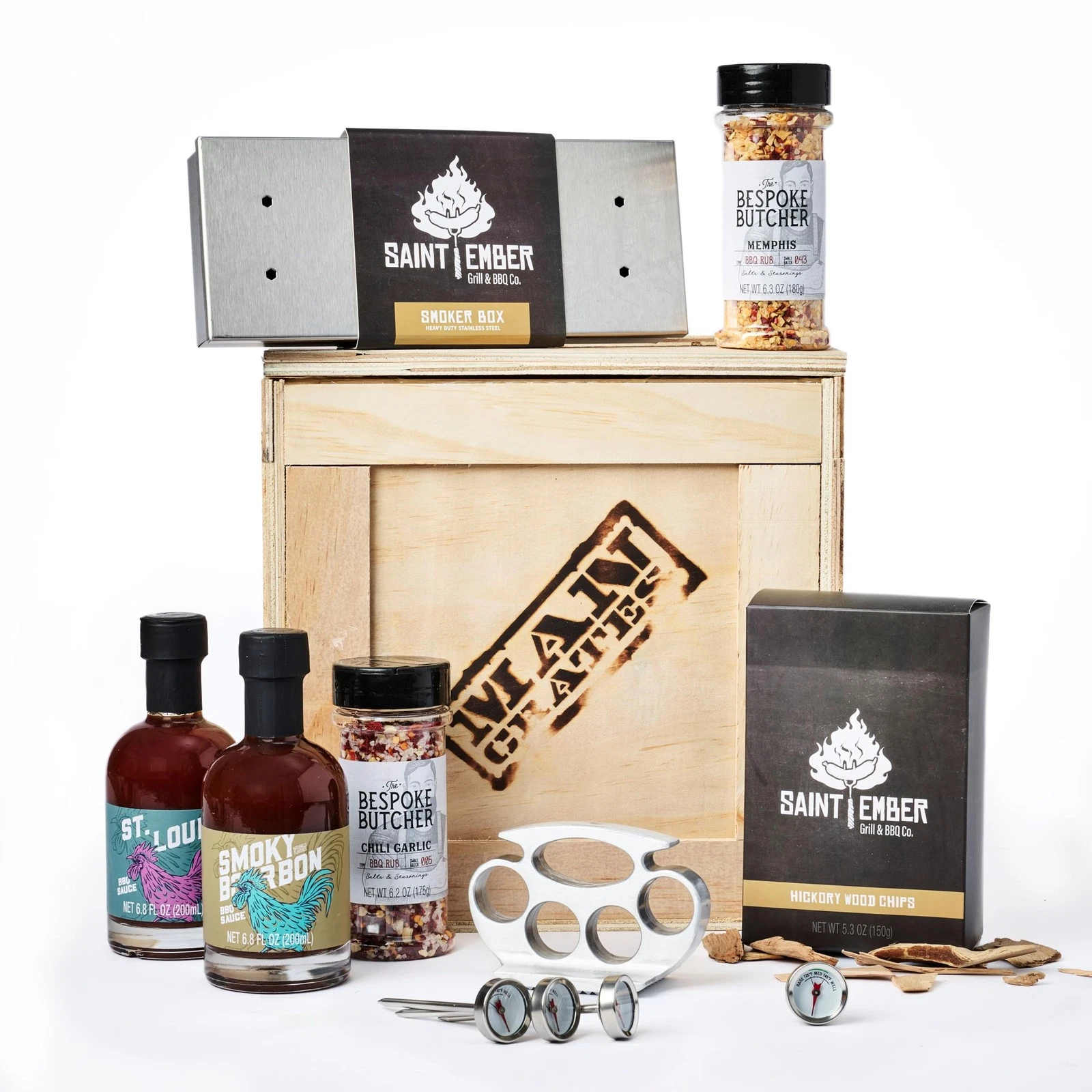 Grill Master Crate with Wood Chips, Smoker , Thermometer, Tenderizer, Sauce a...