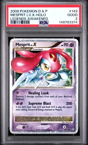 2008 POKEMON DIAMOND & PEARL LEGENDS AWAKENED #143 MESPRIT LV.X-HOLO PSA 2
