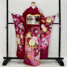 Furisode 5-piece set Japanese Kimono Red Classic floral Free shipping S-182