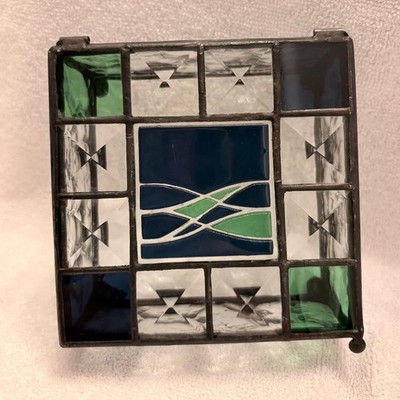 Vintage Artisan Made Green & Blue Stained Glass Trinket Box, Hinged & Beveled