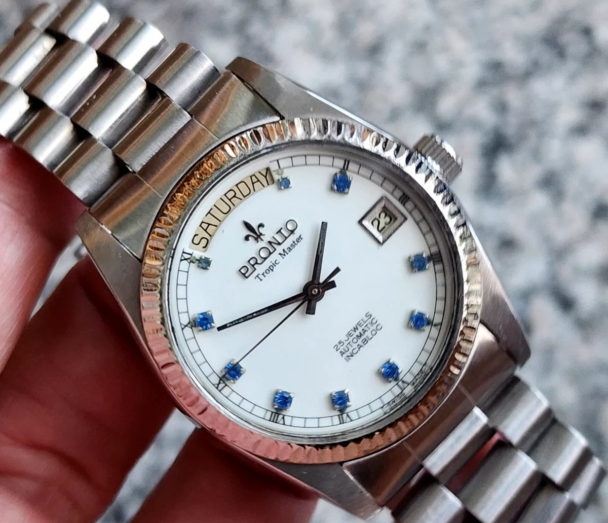 Rare Vintage Pronto Tropic Master Automatic Gents White Dial Day 